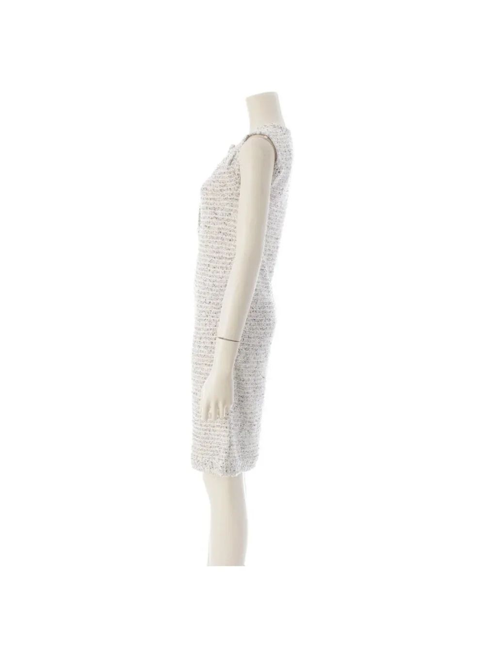 Chanel Tweed CC Logo Pearl Clear Button Sleeveless Fitted Dress White 36